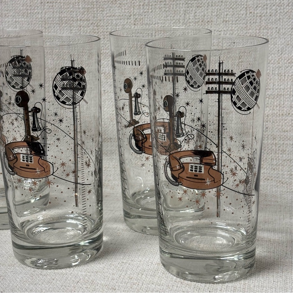 Lot (4) Vintage Mid-century Modern Highball Telephone Communications Glasses - Picture 2 of 6